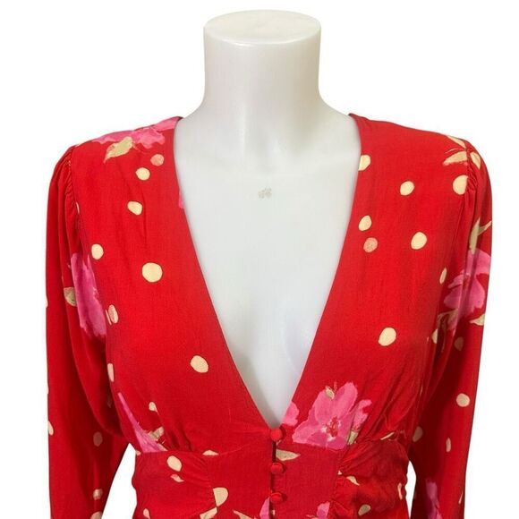 Free People Strawberry Combo Long Sleeve ruched Mini Dress Slimming‎ Preppy sz M - Picture 10 of 10